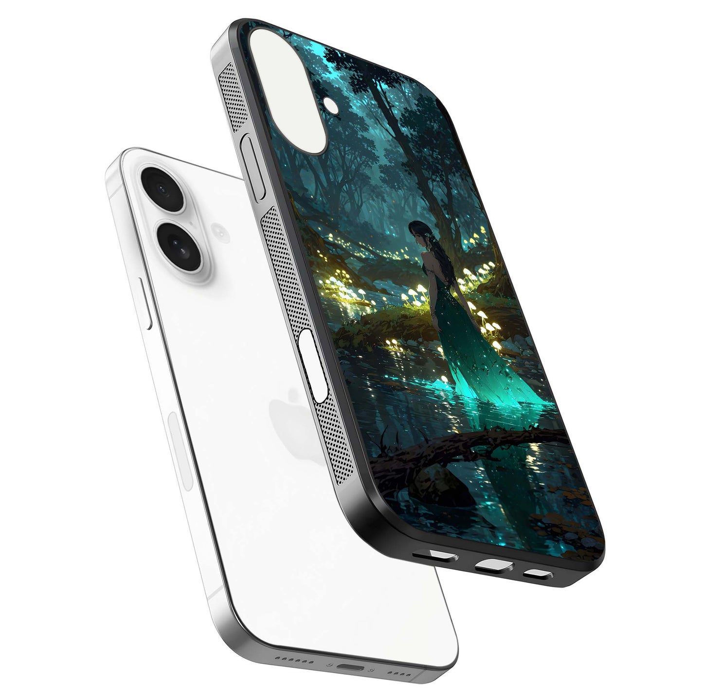 Enchanted Forest Glow Glass Case for iPhone 17 floating mockup showing gloss polish and fantasy vibe