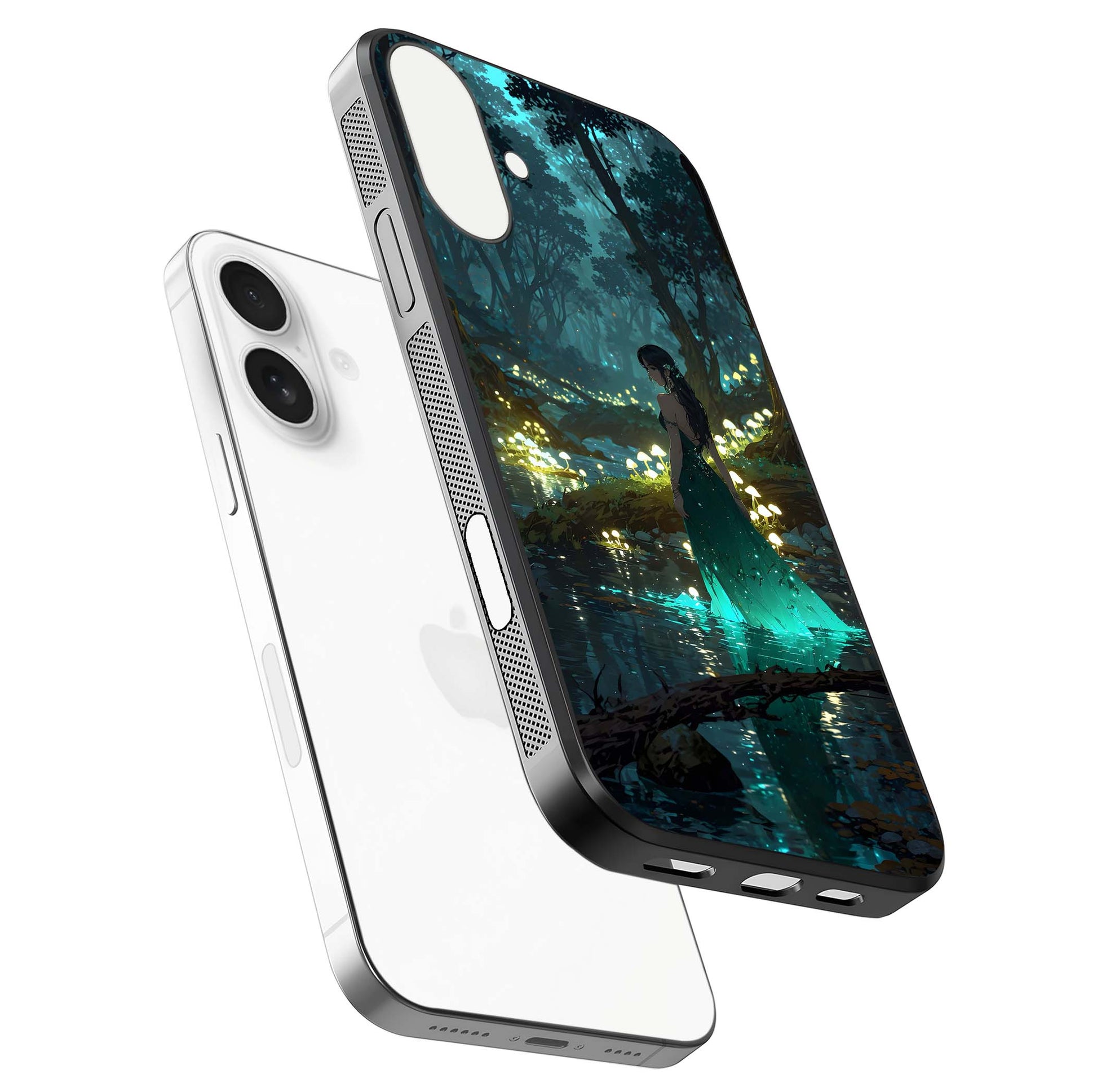 Enchanted Forest Glow Glass Case for iPhone 17 floating mockup showing gloss polish and fantasy vibe
