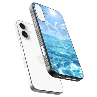 Endless Ocean Horizon Glass Case for iPhone 17 floating mockup showing HD gloss and tranquil color
