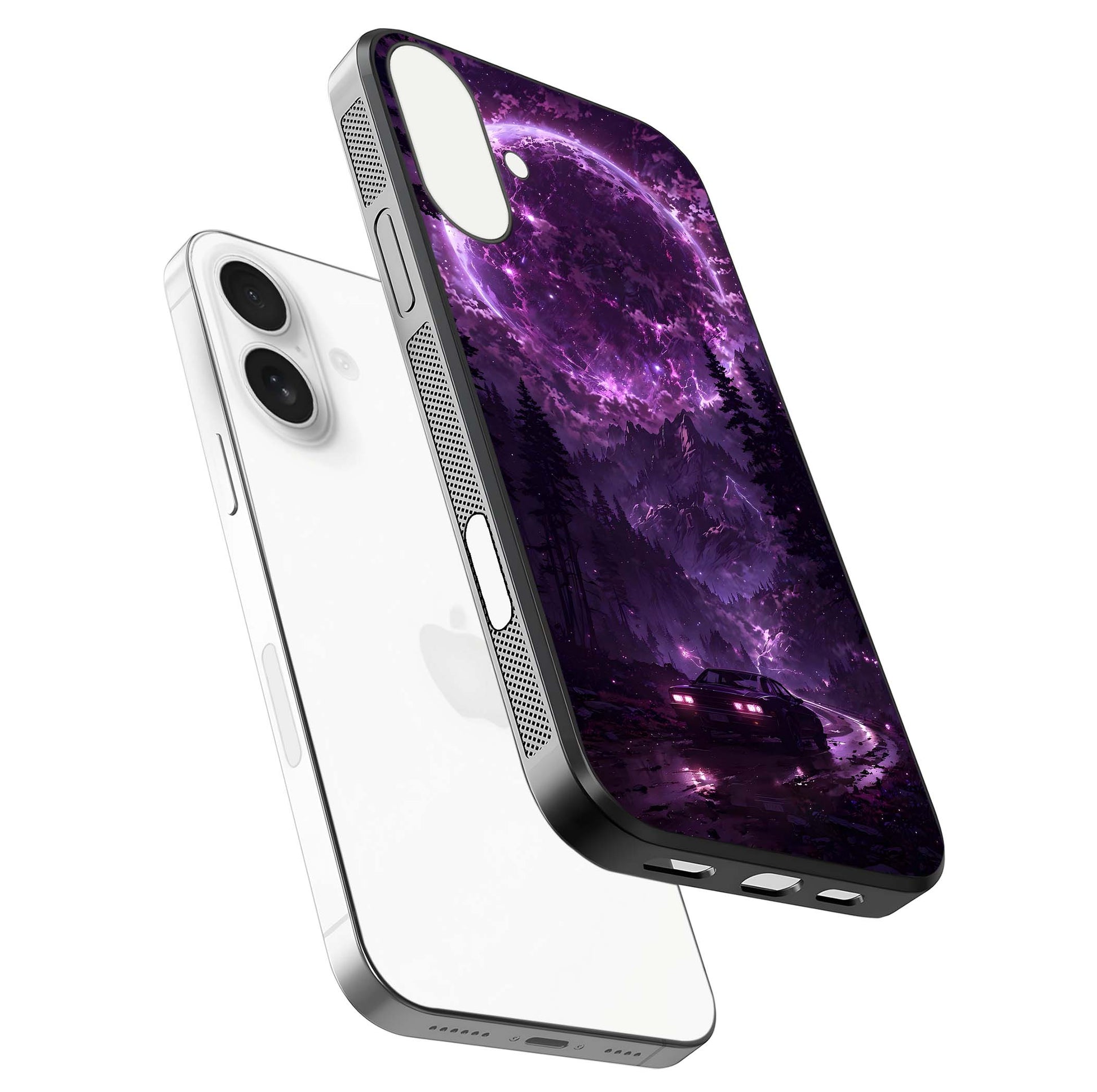 Eternal Cosmic Drive Glass Case for iPhone 17 floating mockup showing glossy polish and vivid glow