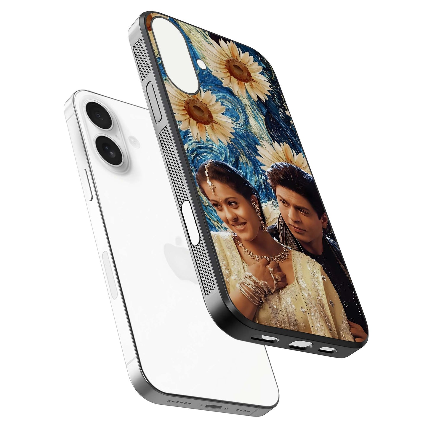 Eternal Love Story Glass Case for iPhone 17 floating mockup showing glossy shine and romantic tone