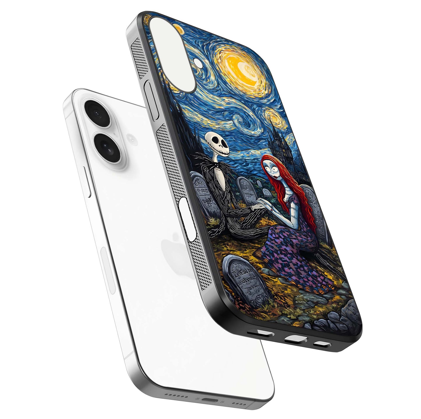 Eternal Night Love Glass Case for iPhone 17 floating mockup showing gloss brightness and romantic vibe