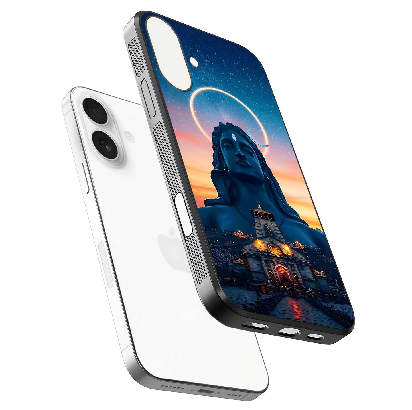 Eternal Shiva Aura Glass Case for iPhone 17 floating mockup showing gloss texture and spiritual glow