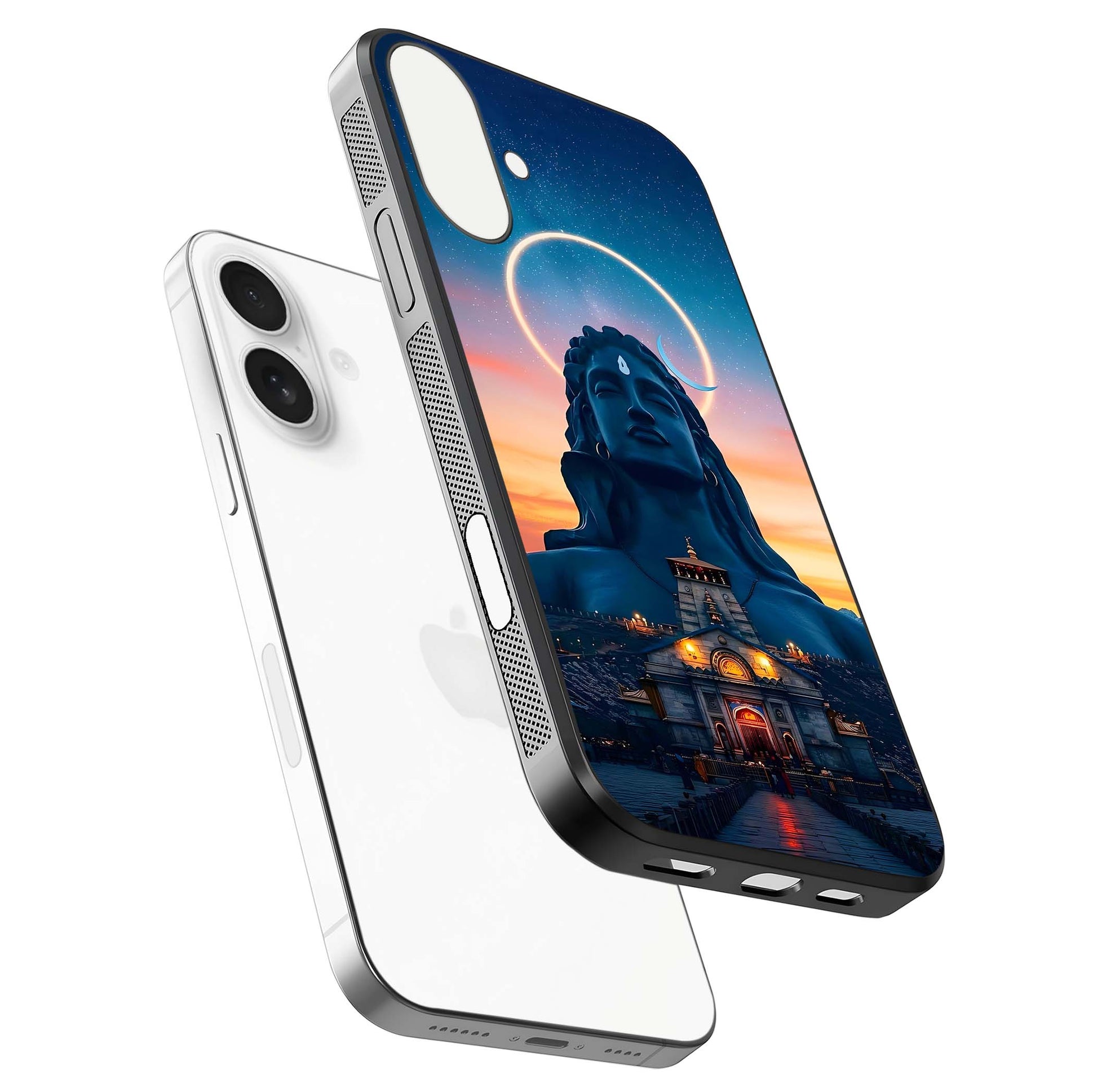 Eternal Shiva Aura Glass Case for iPhone 17 floating mockup showing gloss texture and spiritual glow