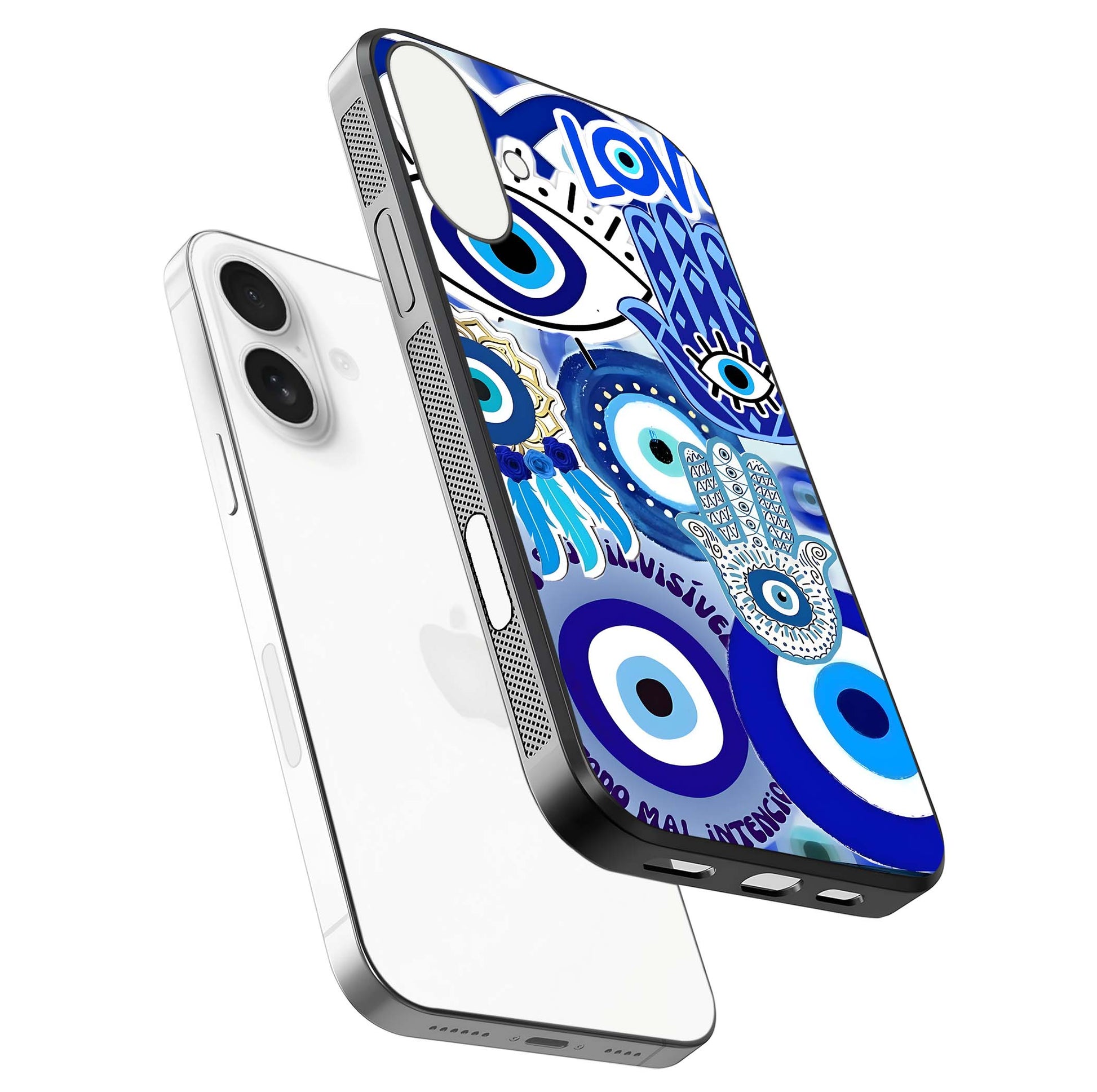 Evil Eyes Dream Glass Case for iPhone 17 floating mockup showing glossy shine and elegant pattern clarity