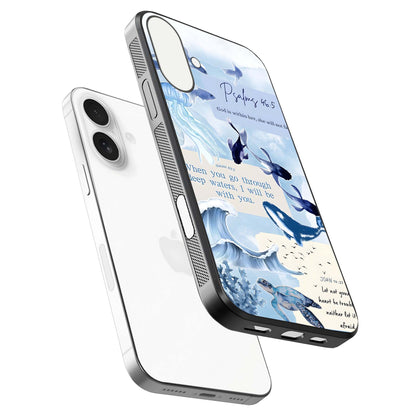Faithful Ocean Promise Glass Case for iPhone 17 floating mockup displaying glossy surface and vivid depth