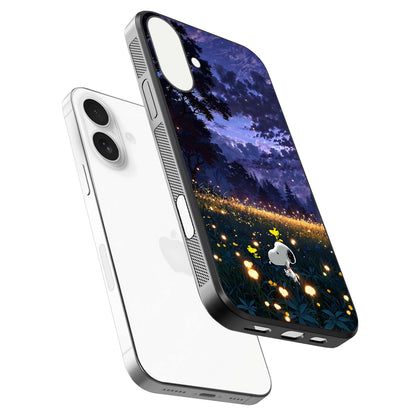 Firefly Meadow Magic Glass Case for iPhone 17 floating mockup showing gloss polish and magical night hues