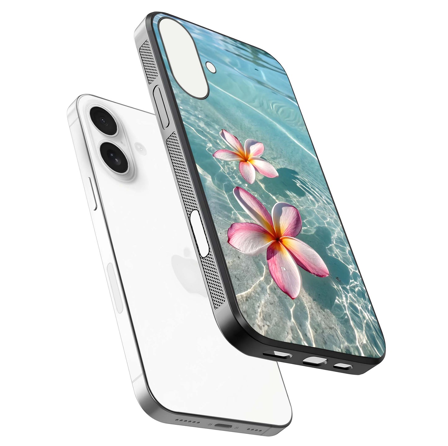 Floating Bloom Bliss Glass Case for iPhone 17 floating mockup showing HD gloss shine and floral texture