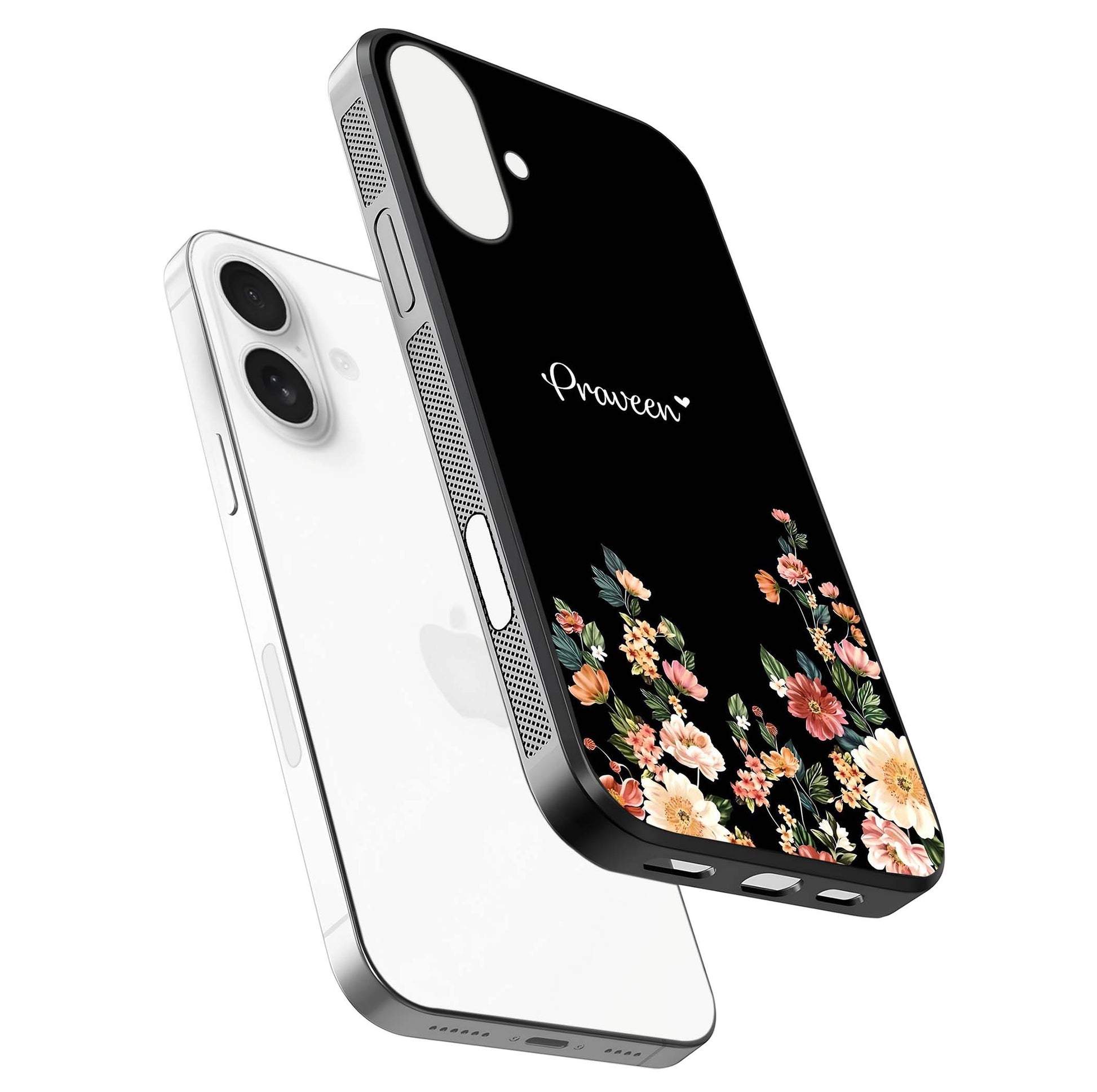 Floral Design Personalized Custom Name Glass Case for iPhone 17 floating mockup showing reflection polish and vivid colors