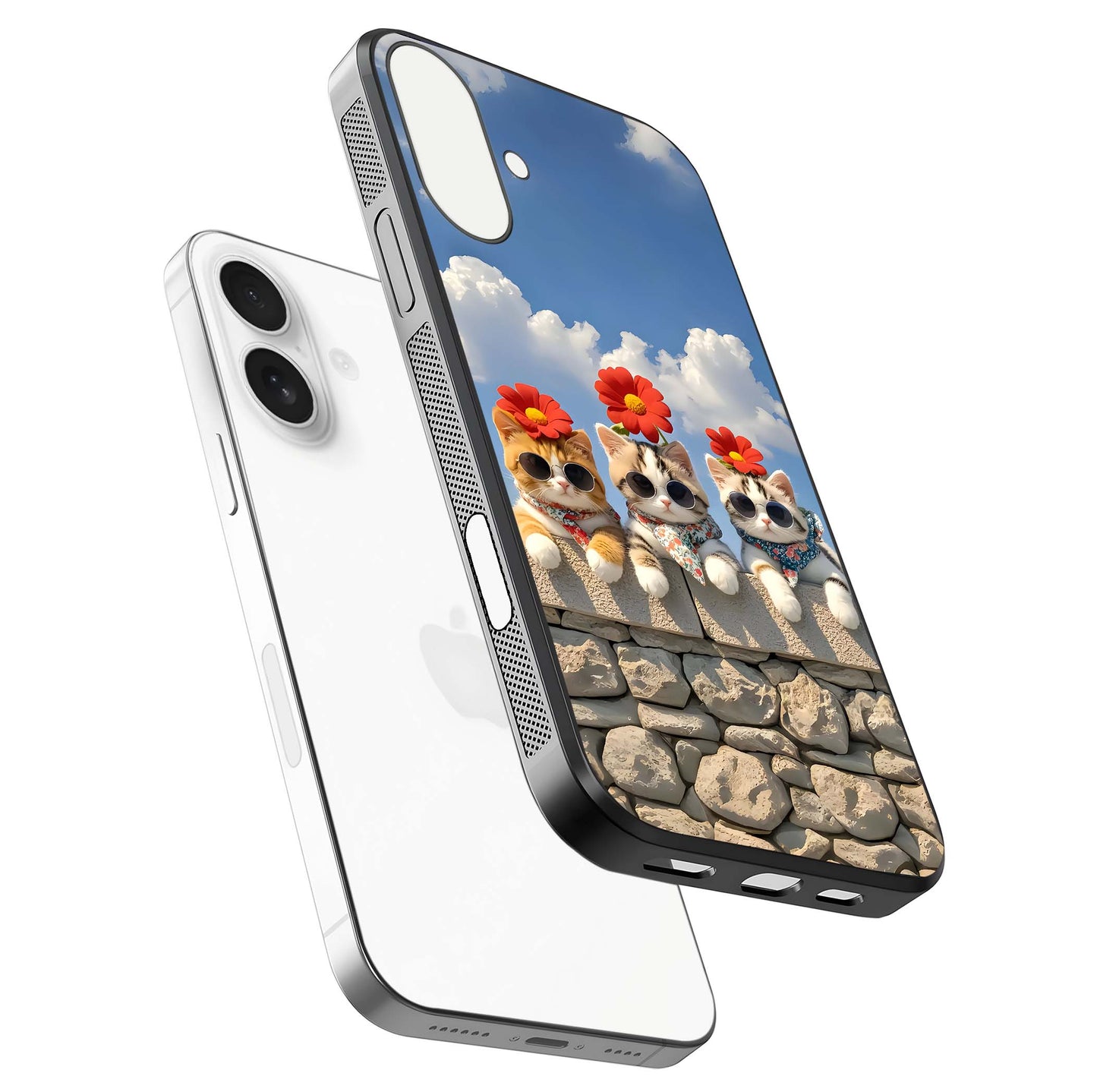 Floral Kitty Squad Glass Case for iPhone 17 floating mockup showing gloss texture and playful charm