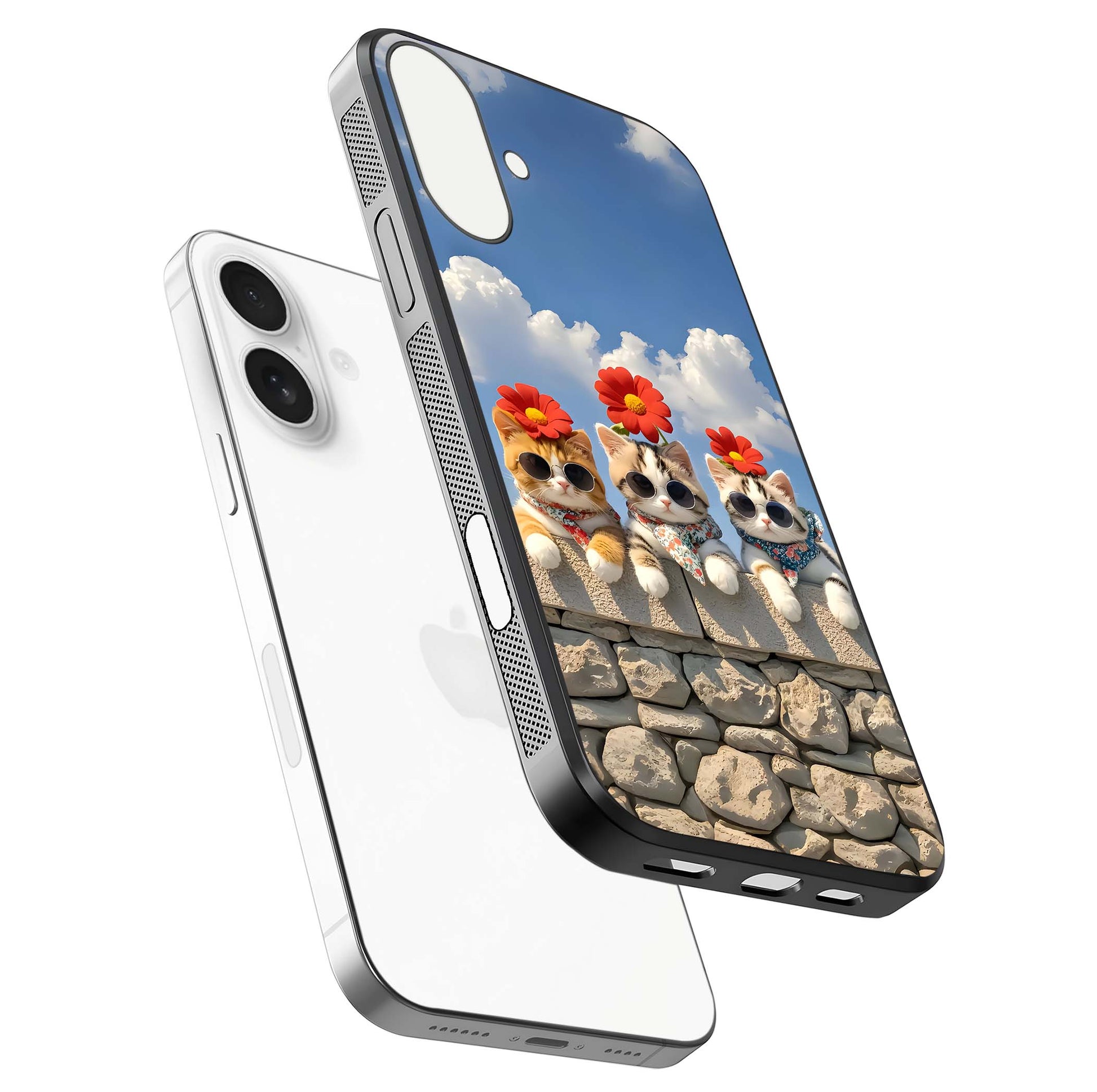 Floral Kitty Squad Glass Case for iPhone 17 floating mockup showing gloss texture and playful charm
