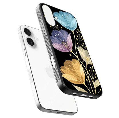 Flower Bloom Glow Glass Case for iPhone 17 floating mockup showing HD shine and artistic detail