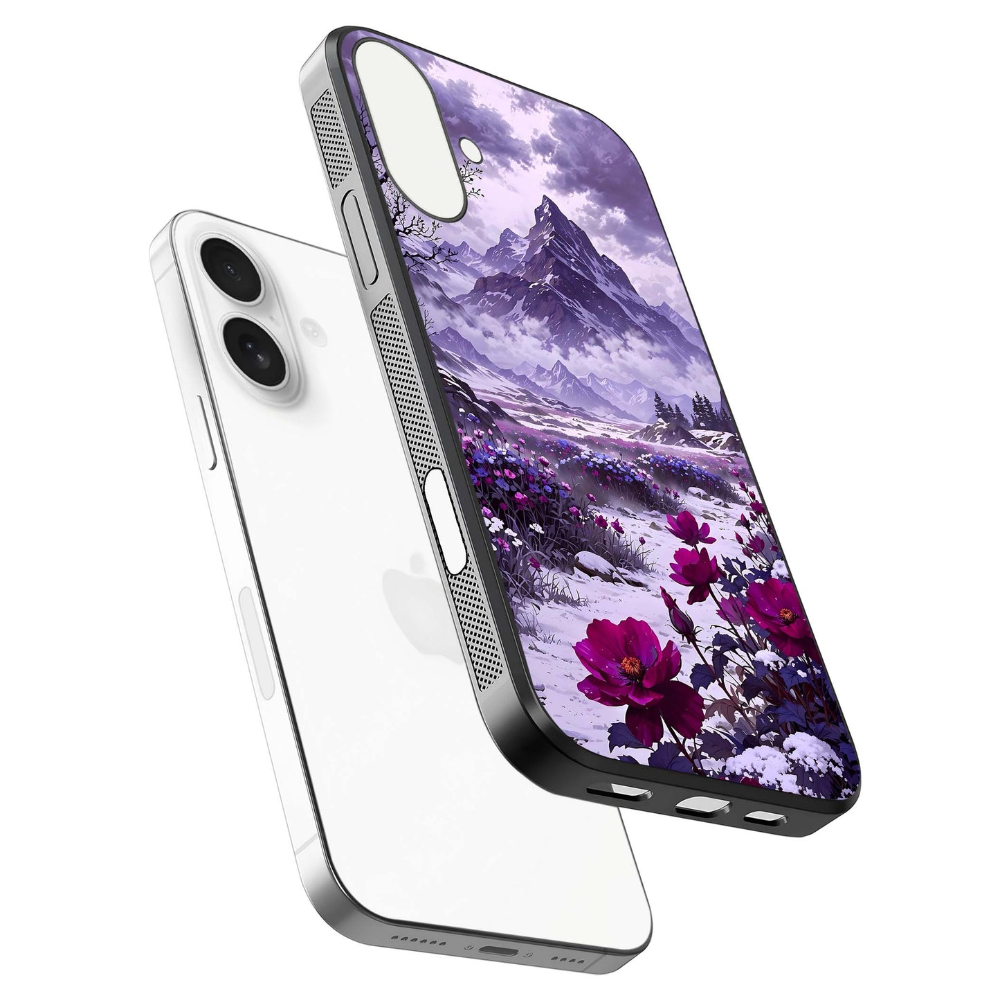 Flower Mountain View Glass Case for iPhone 17 floating mockup showing reflection glow and artistic clarity