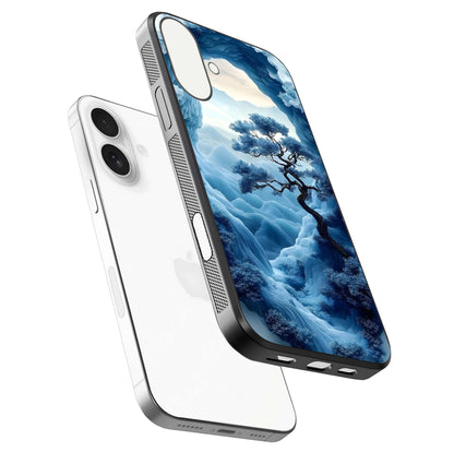 Frozen Serenity Gate Glass Case for iPhone 17 floating mockup showing glossy depth and crystal glow