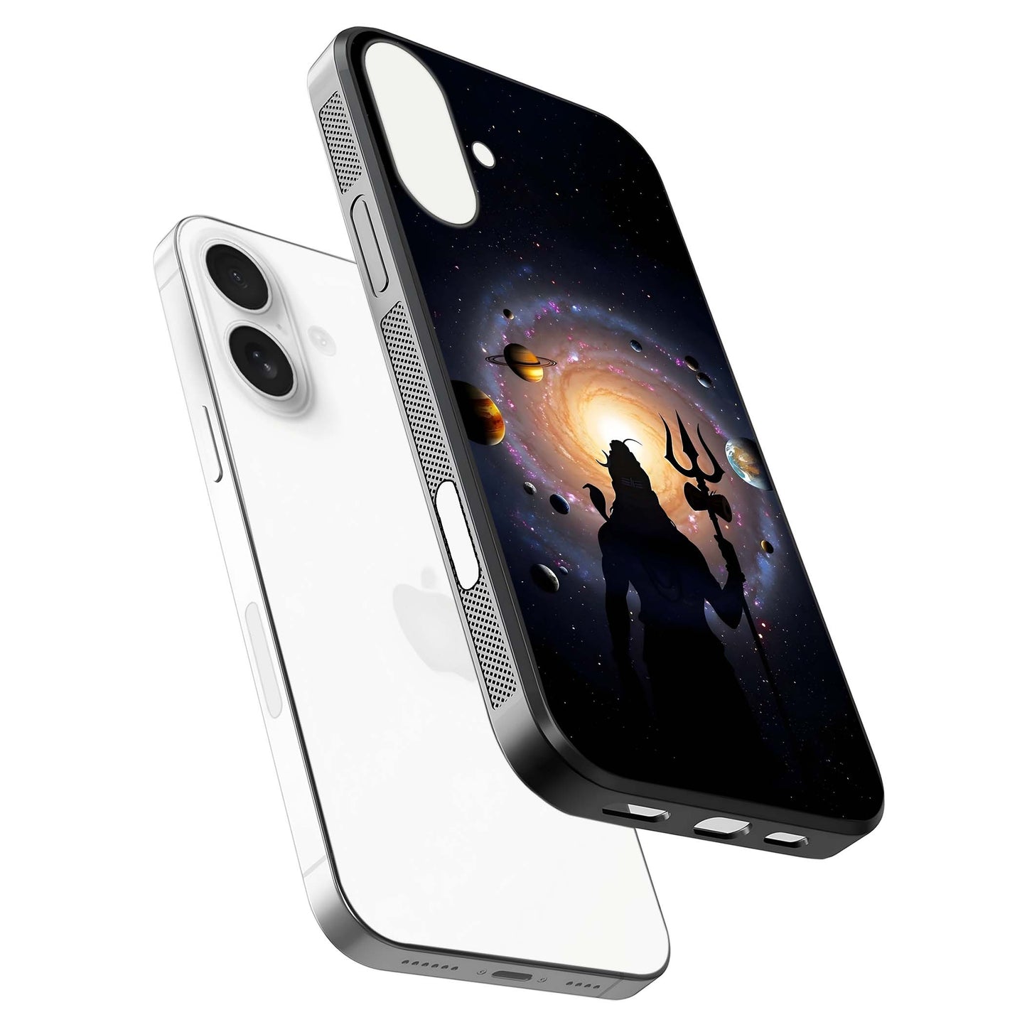 Galactic Shiva Vision Glass Case for iPhone 17 floating dual-view mockup displaying vibrant cosmic colors and smooth gloss texture