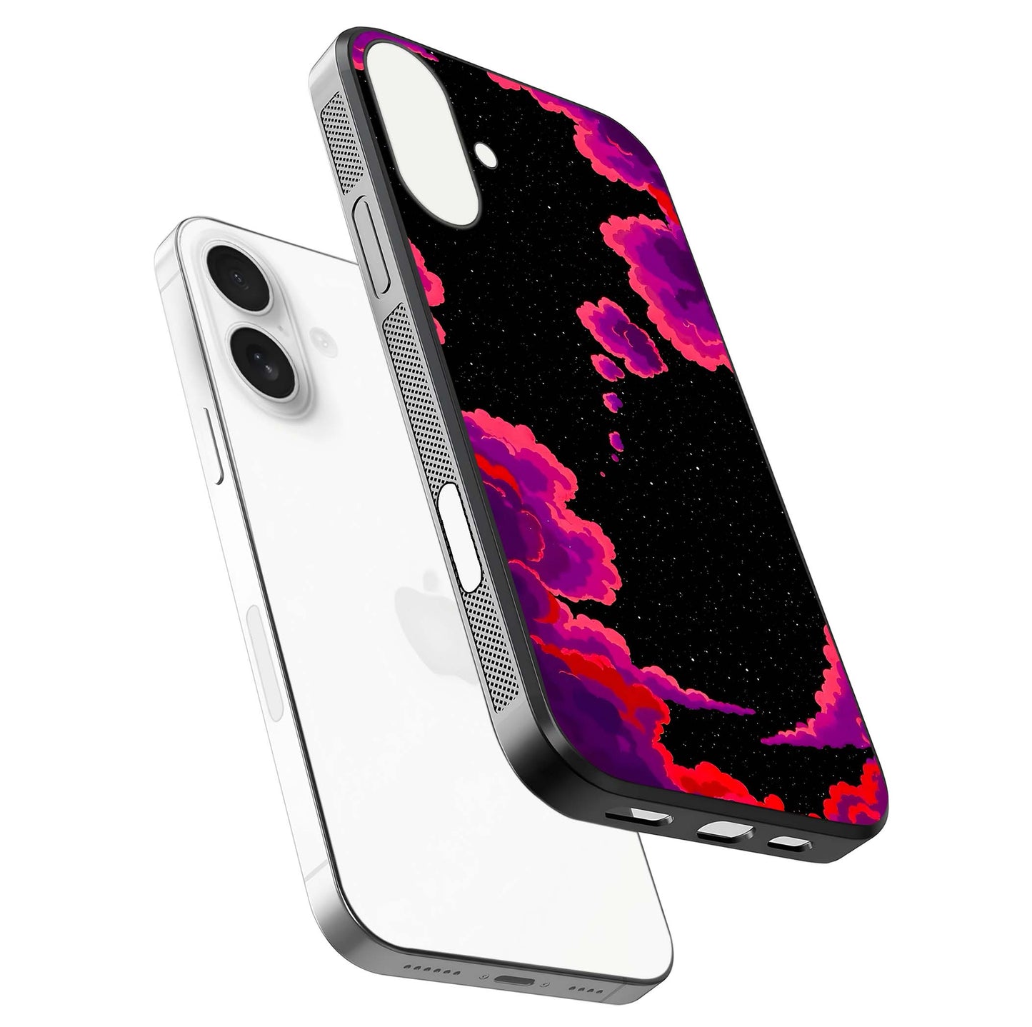 Galaxy Dream Frame Glass Case for iPhone 17 floating dual-view mockup showing vibrant gloss and space-themed tones