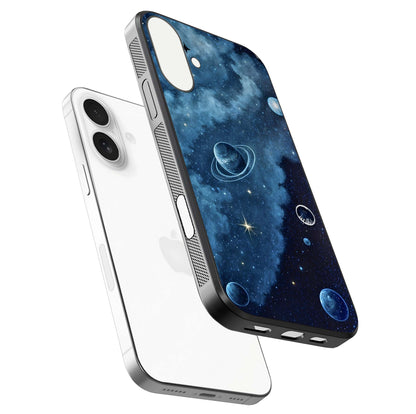 Galaxy Dream Space Glass Case for iPhone 17 floating dual-view mockup showing glossy finish and celestial depth