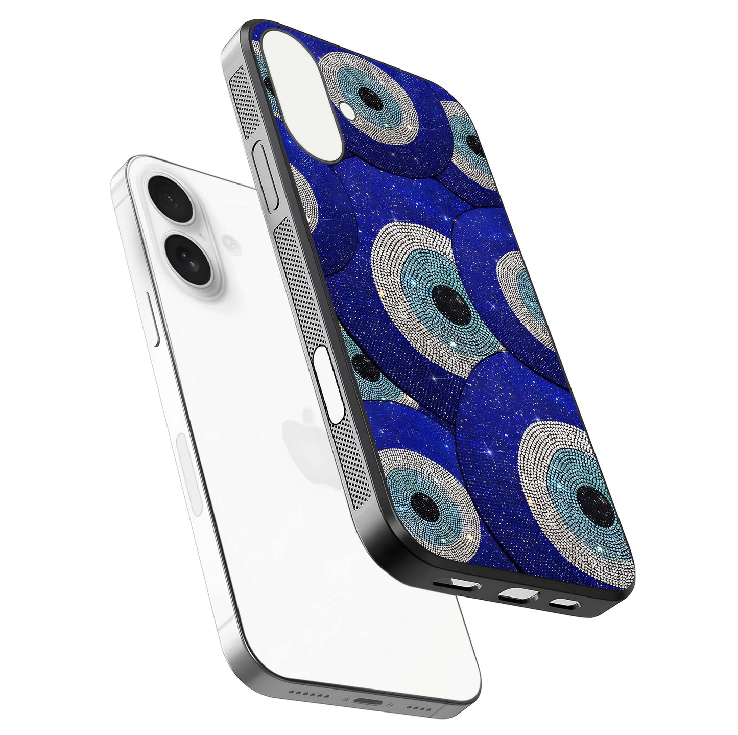 Galaxy Eye Flow Glass Case for iPhone 17 floating dual-view mockup showing gloss polish and glowing tones