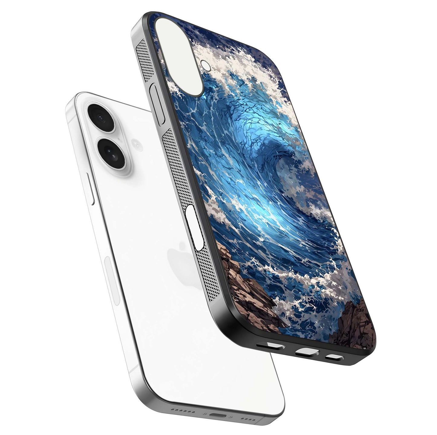 Giant Ocean Wave Glass Case for iPhone 17 floating dual-view mockup showing glossy depth and aquatic blue gradient
