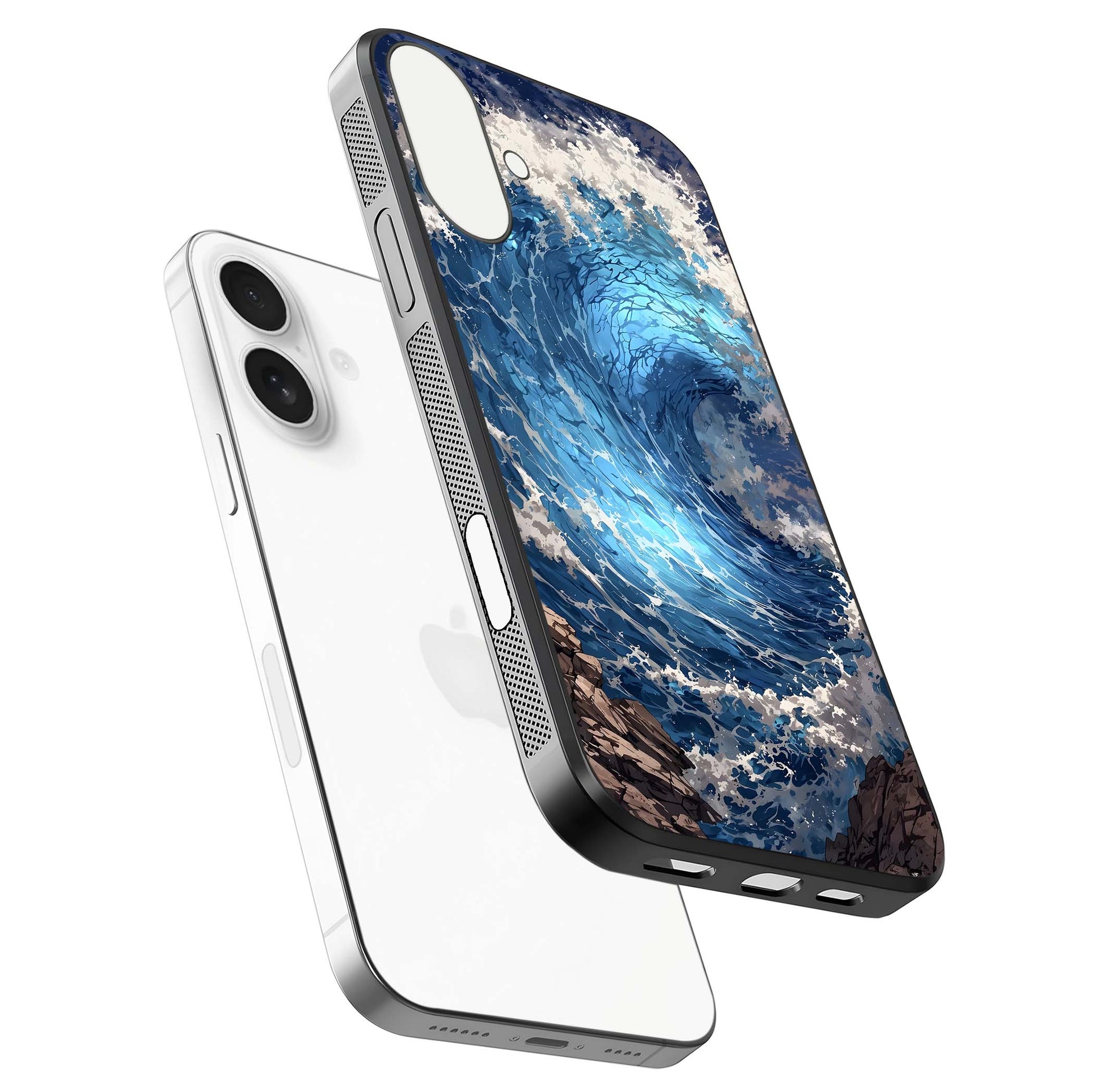 Giant Ocean Wave Glass Case for iPhone 17 floating dual-view mockup showing glossy depth and aquatic blue gradient