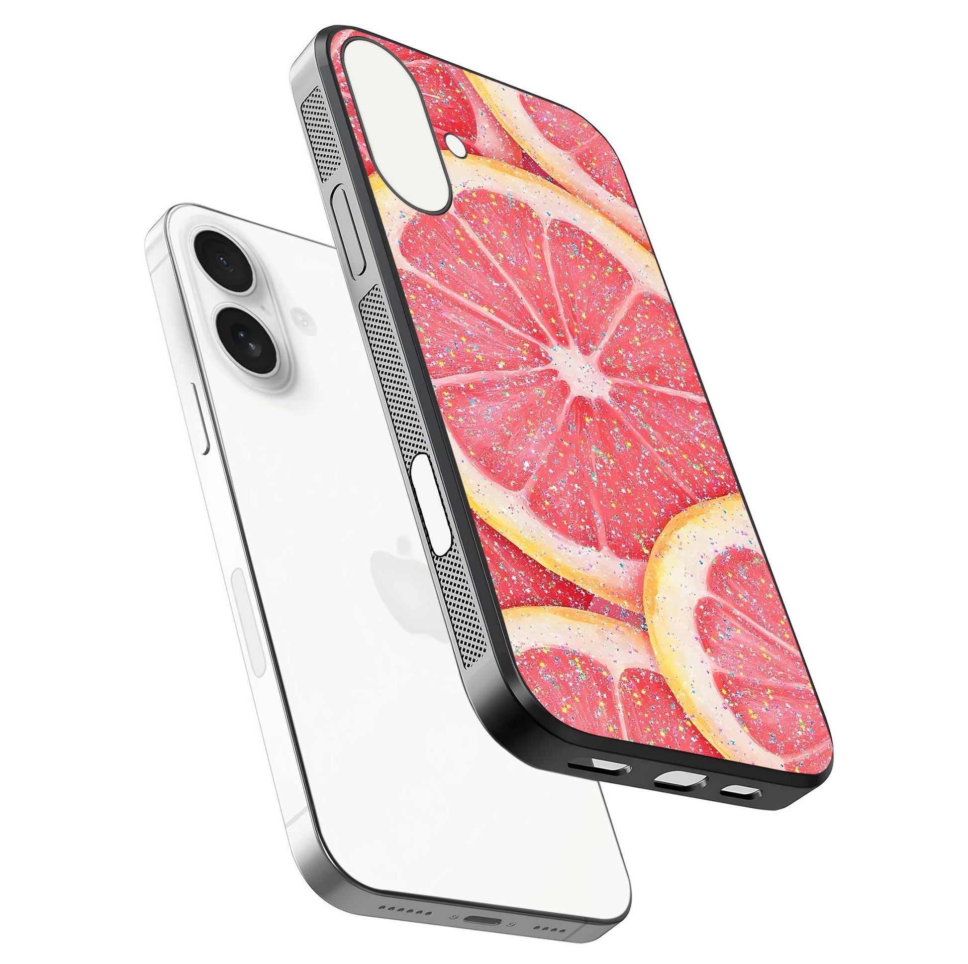 Glitter Grapefruit Glass Case for iPhone 17 floating dual-view mockup showing HD gloss and fresh color detail