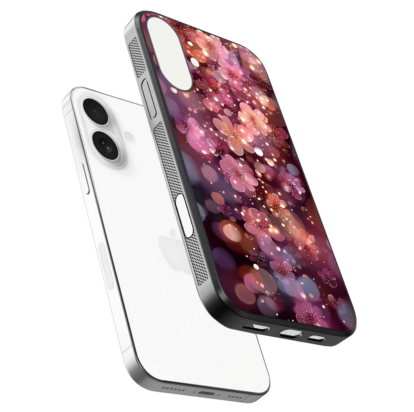 Glowing Petal Bliss Glass Case for iPhone 17 floating dual-view mockup showing gloss brightness and delicate tone