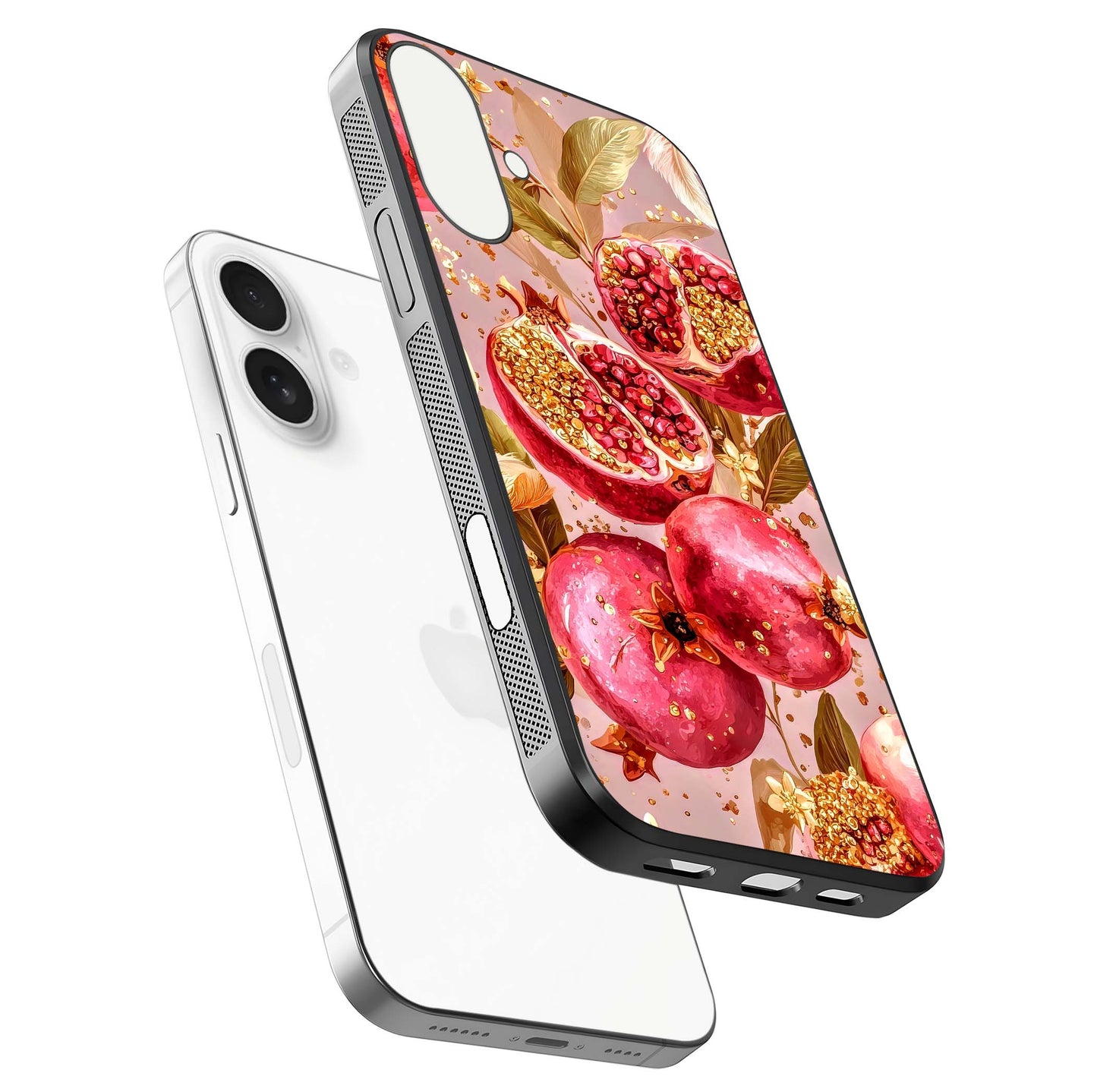 Golden Bloom Glow Glass Case for iPhone 17 floating dual-view mockup showing glossy shine and golden shimmer