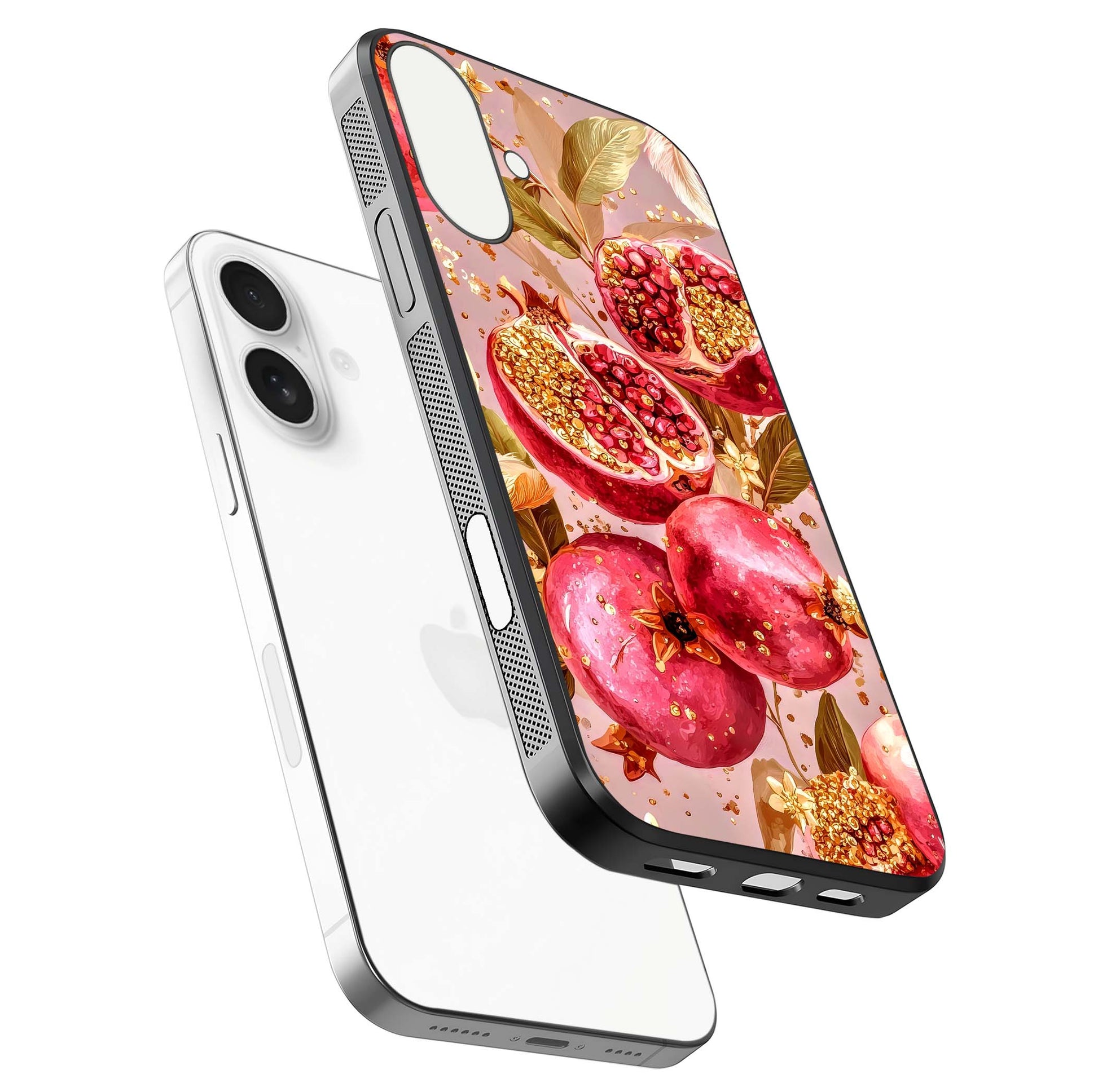 Golden Bloom Glow Glass Case for iPhone 17 floating dual-view mockup showing glossy shine and golden shimmer