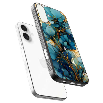 Golden Bloom Symphony Glass Case for iPhone 17 floating dual-view mockup displaying shine texture and luxury pattern
