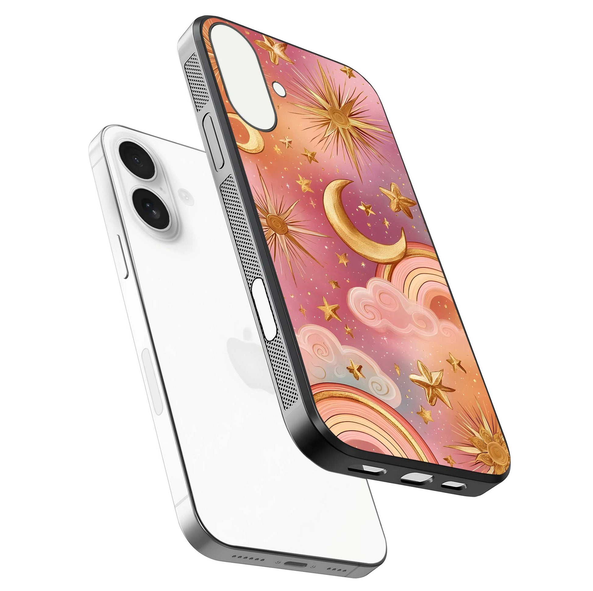 Golden Celestial Dreams Glass Case for iPhone 17 floating dual-view mockup showing gloss surface and dream-like glow