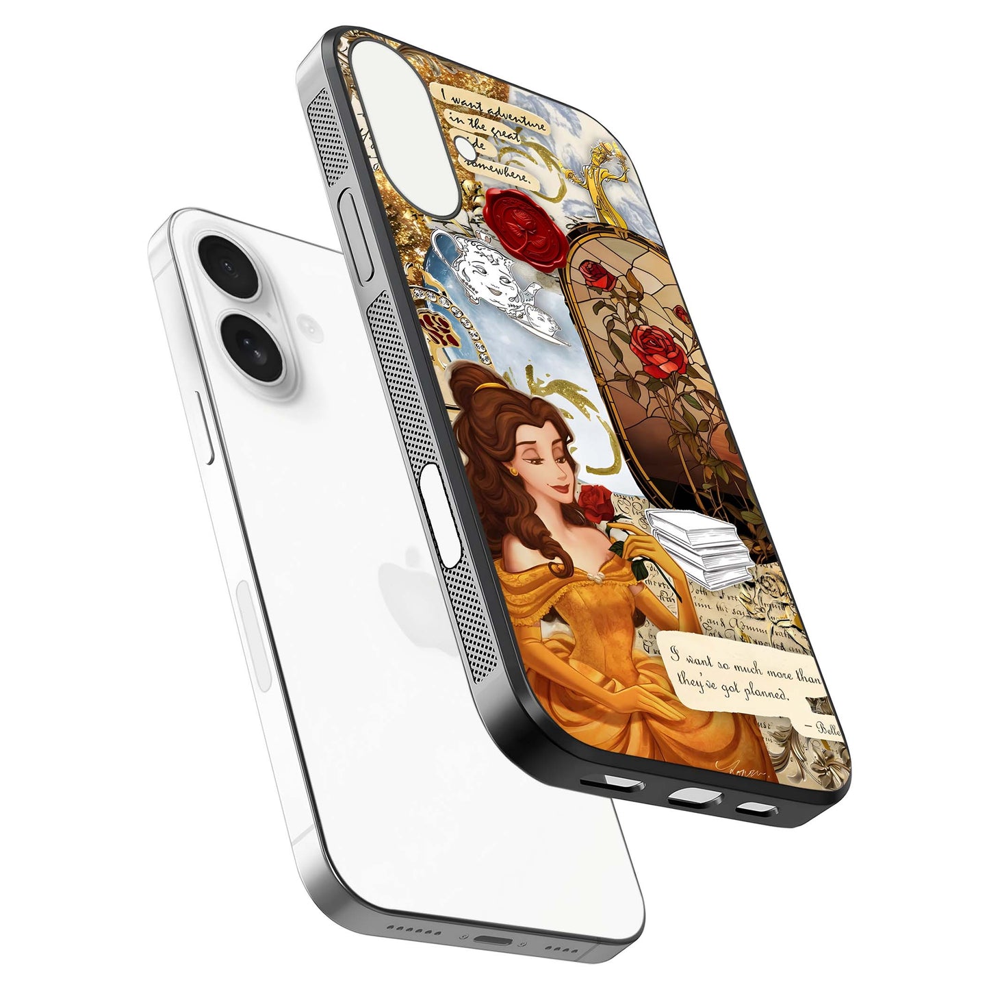 Golden Dream Belle Glass Case for iPhone 17 floating dual-view mockup highlighting gloss texture and elegant shimmer
