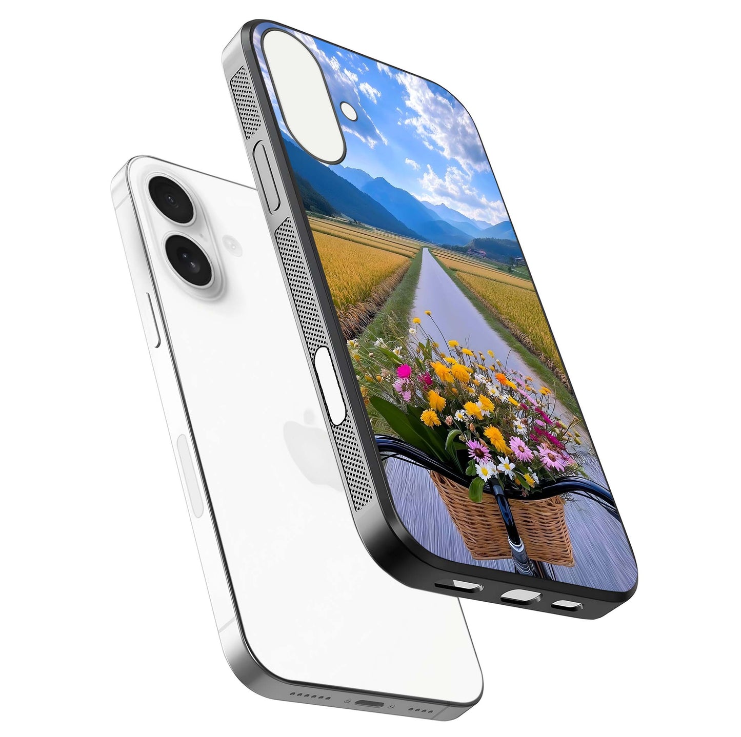 Golden Field Journey Glass Case for iPhone 17 floating dual-view mockup showing gloss surface and field depth