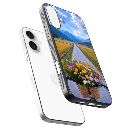 Golden Field Journey Glass Case for iPhone 17 floating dual-view mockup showing gloss surface and field depth