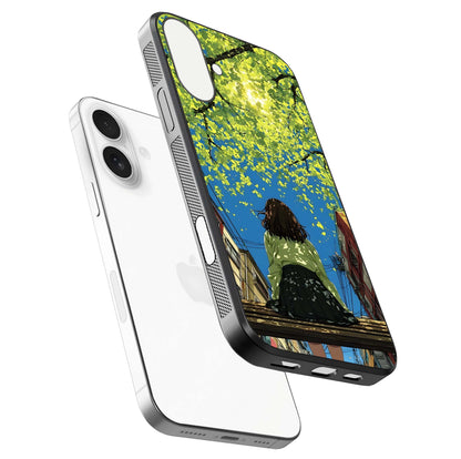 Golden Leaves Glow Glass Case for iPhone 17 floating dual-view mockup showing gloss depth and gold-leaf detail