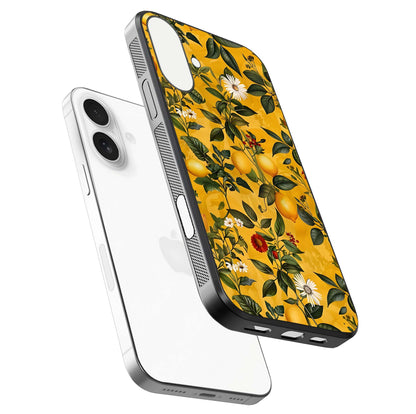 Golden Lemon Field Glass Case for iPhone 17 floating dual-view mockup showing gloss shine and yellow-gold palette