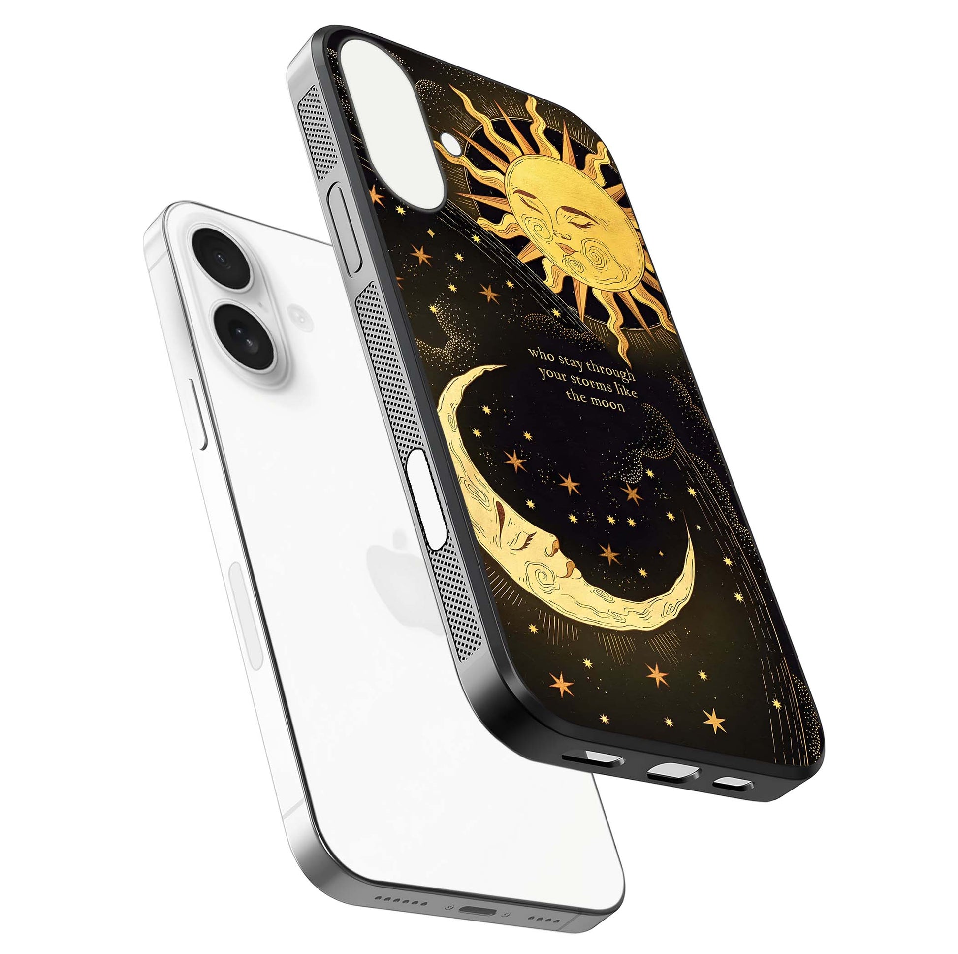 Golden Lunar Love Glass Case for iPhone 17 floating dual-view mockup showing glossy glow and romantic theme