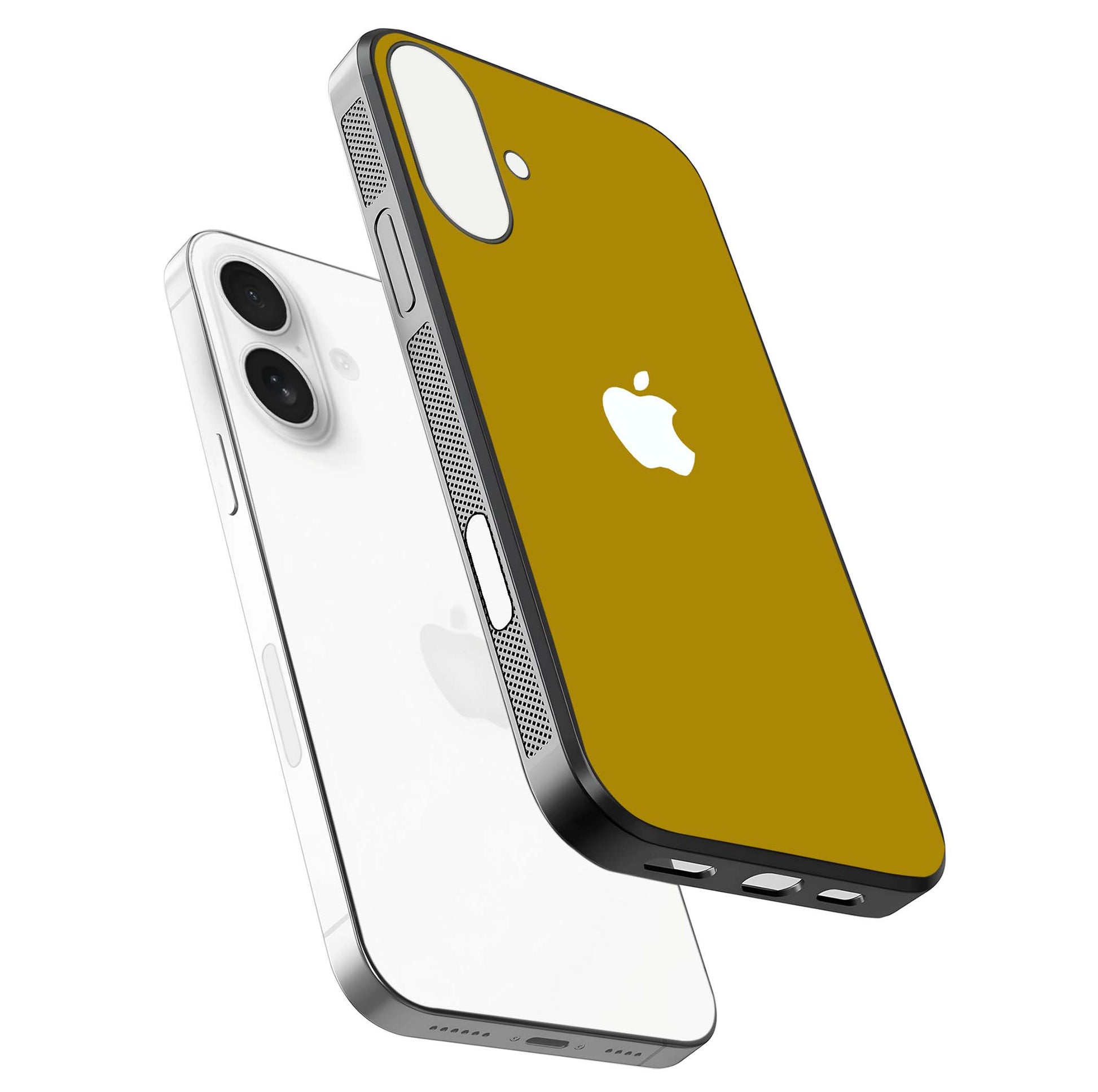 Golden Luxe Aura Glass Case for iPhone 17 floating dual-view mockup showing glossy texture and elegant gold gradient