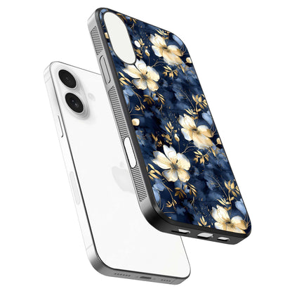 Golden Midnight Bloom Glass Case for iPhone 17 floating dual-view mockup showing gloss polish and metallic reflection