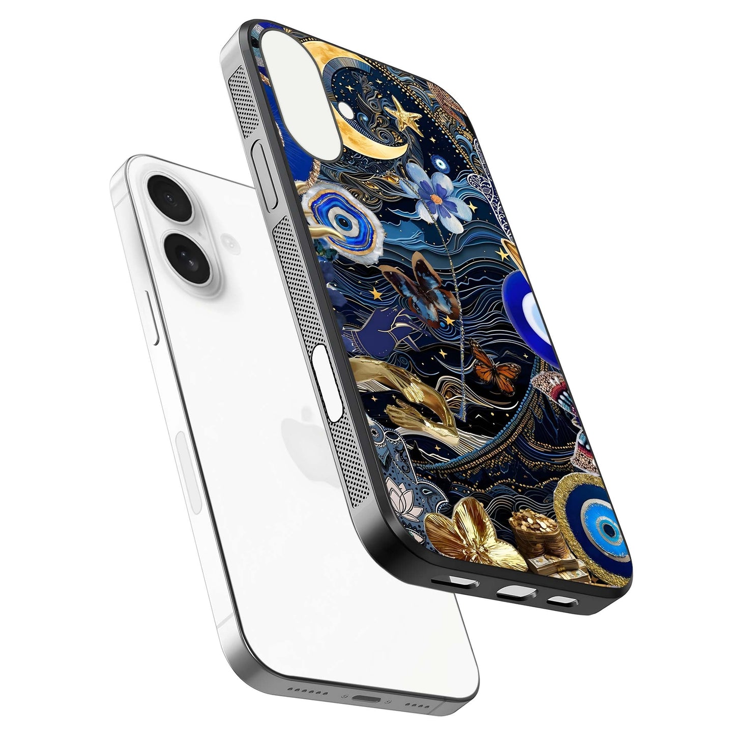Golden Moon Magic Glass Case for iPhone 17 floating dual-view mockup showing gloss texture and golden illumination