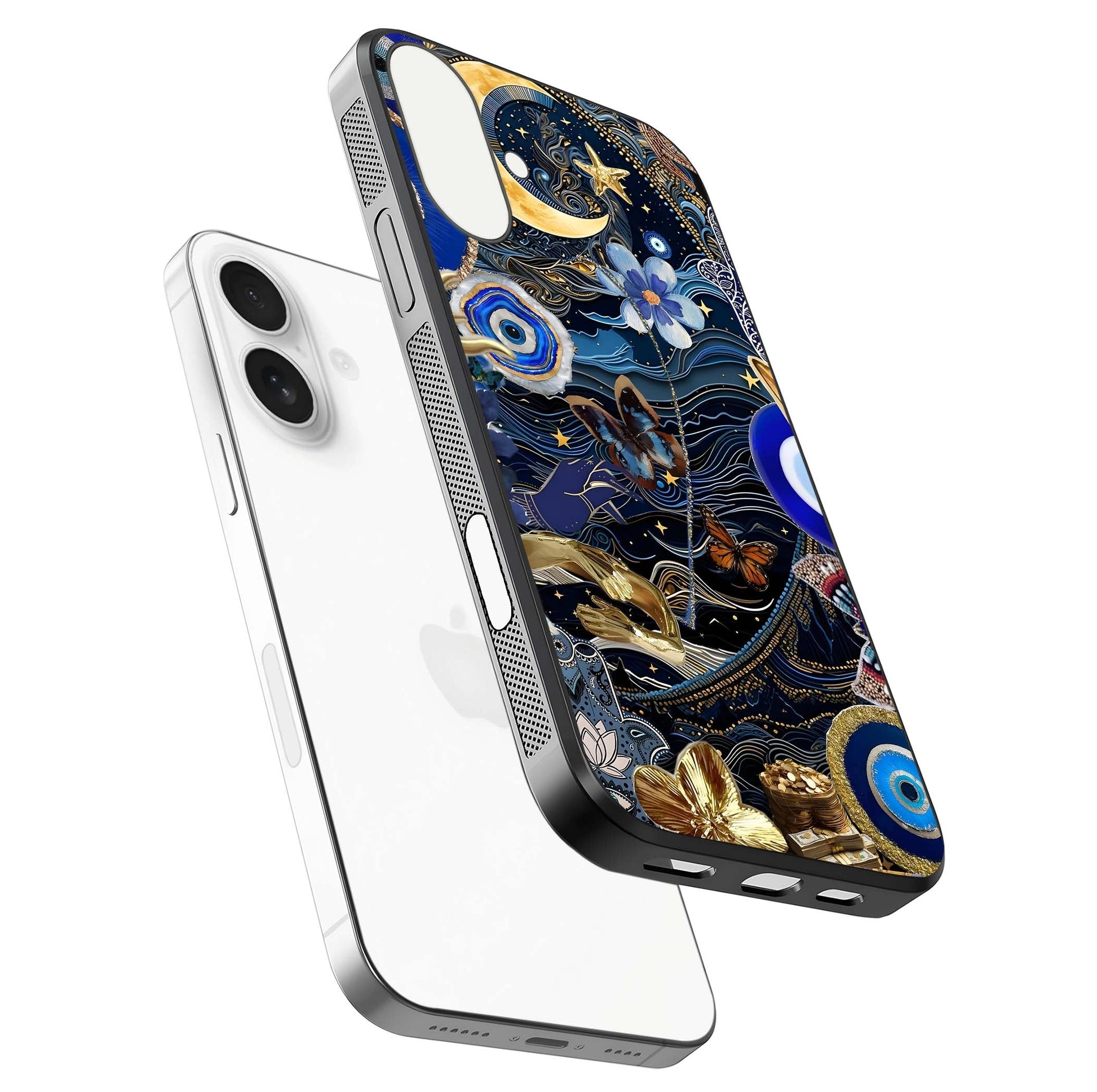Golden Moon Magic Glass Case for iPhone 17 floating dual-view mockup showing gloss texture and golden illumination