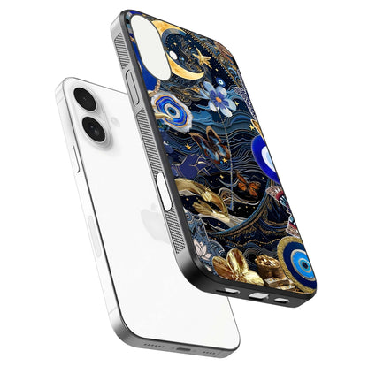 Golden Moon Magic Glass Case for iPhone 17 floating dual-view mockup showing gloss texture and golden illumination