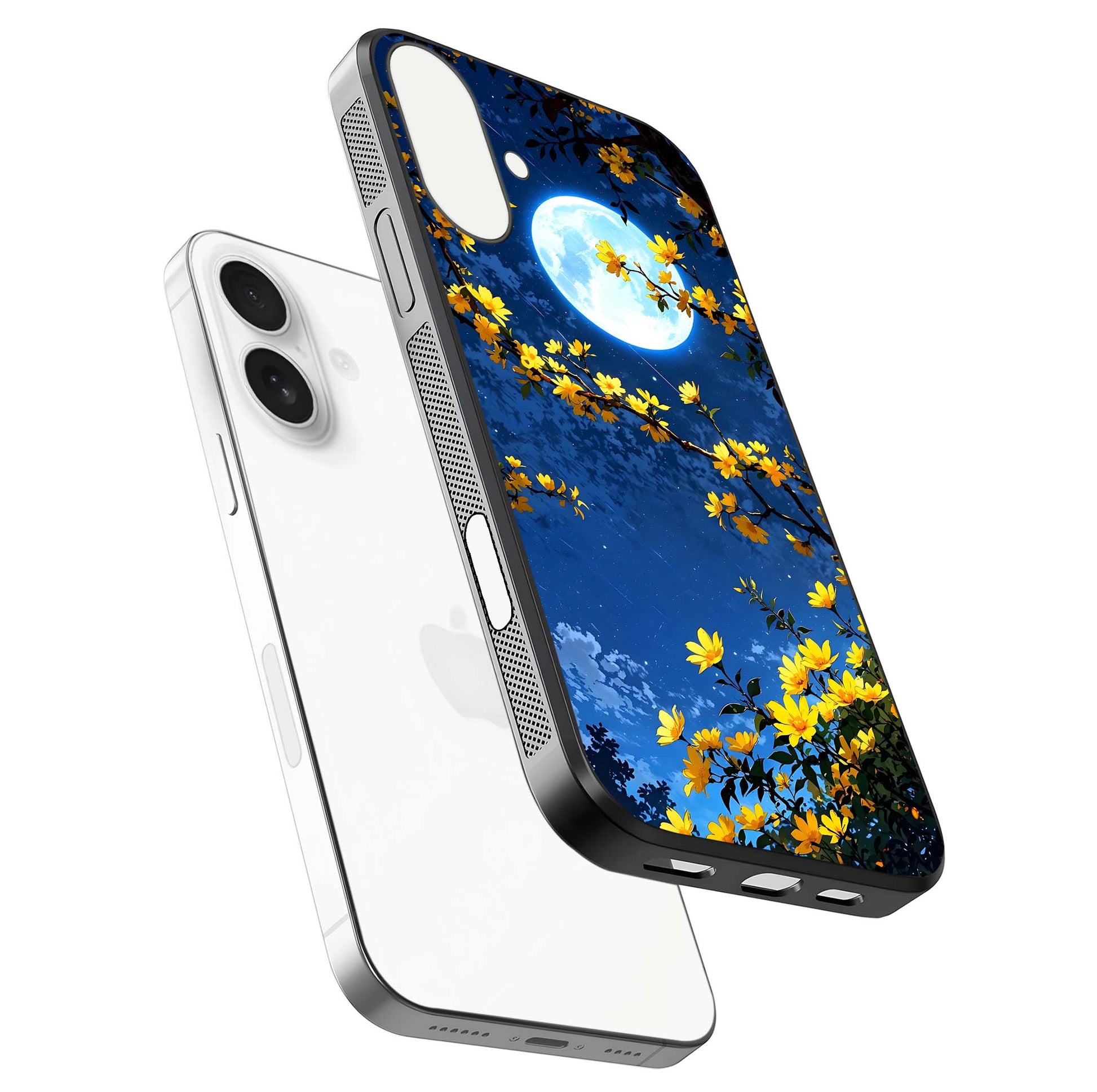 Golden Night Glow Glass Case for iPhone 17 floating dual-view mockup showing gloss polish and luxury shine