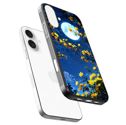 Golden Night Glow Glass Case for iPhone 17 floating dual-view mockup showing gloss polish and luxury shine