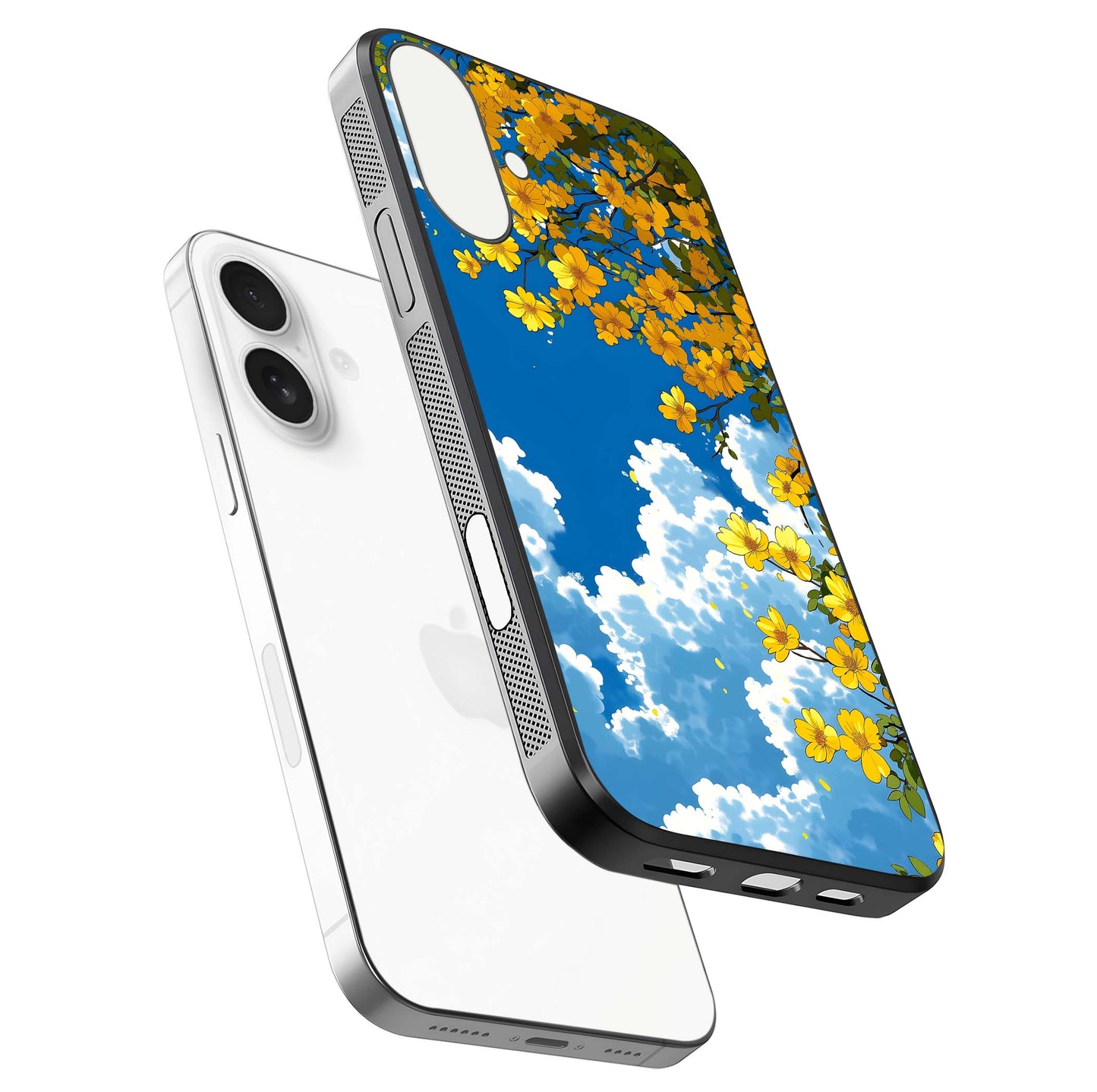 Golden Petal Sky Glass Case for iPhone 17 floating dual-view mockup showing gloss brilliance and gold detail