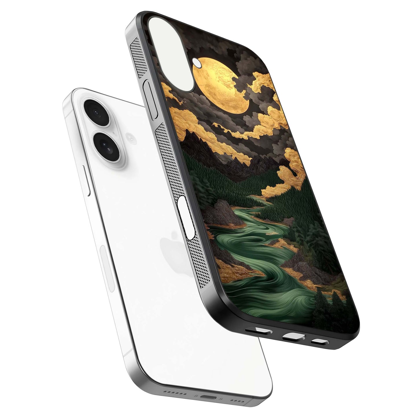Golden River Moon Glass Case for iPhone 17 floating dual-view mockup showing gloss surface and luxury tone