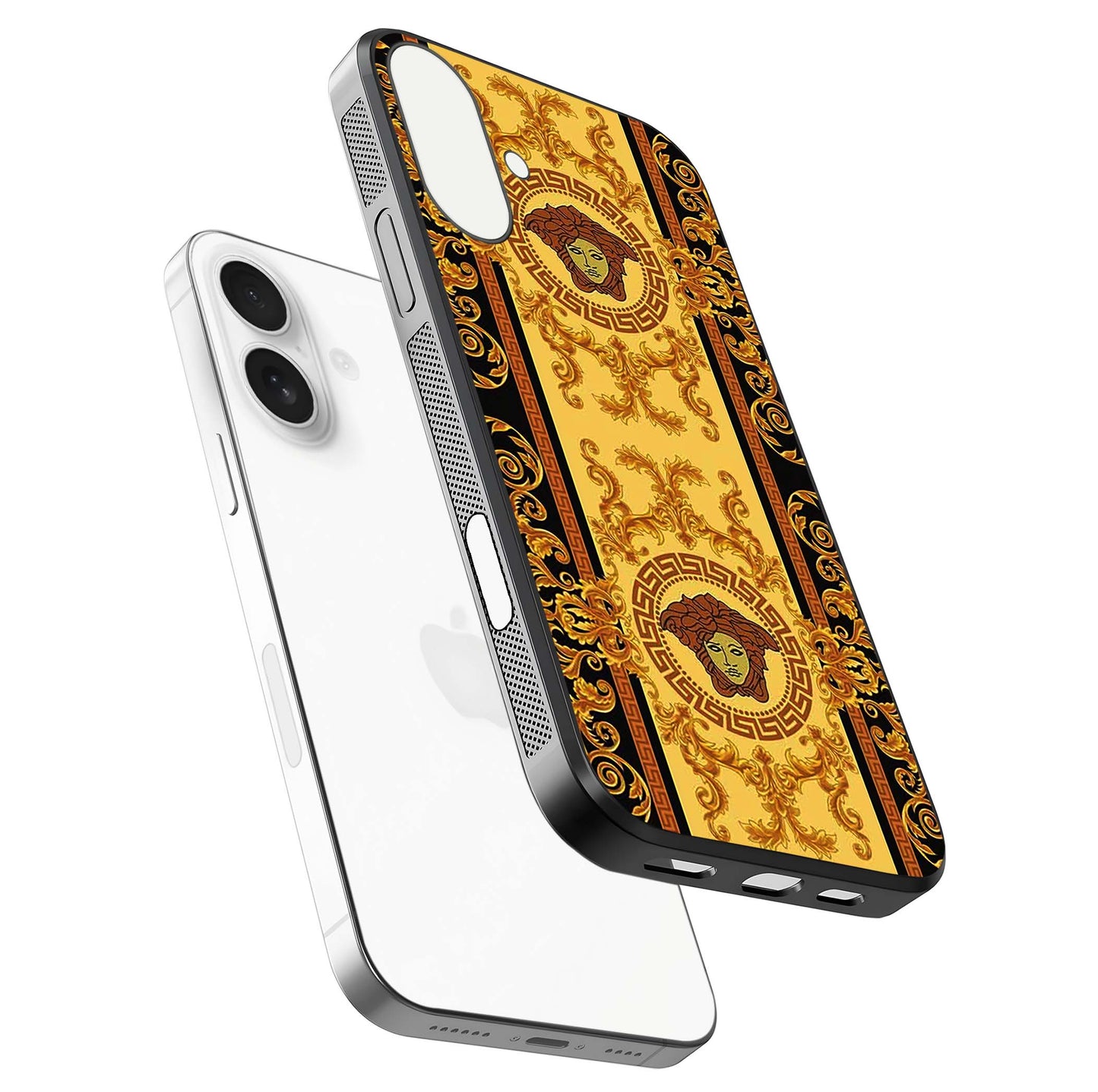 Golden Royal Heritage Glass Case for iPhone 17 floating dual-view mockup showing glossy surface and rich regal tone