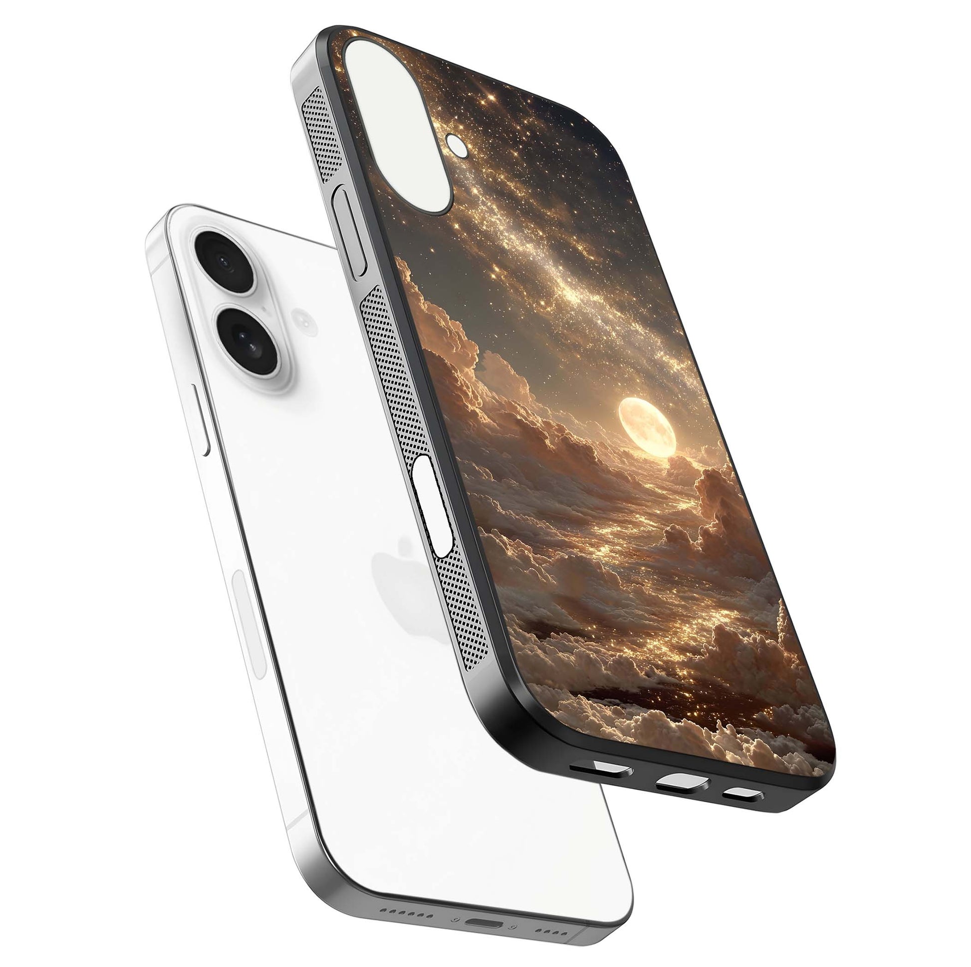 Golden Sky Dream Glass Case for iPhone 17 floating dual-view mockup showing gloss depth and elegant finish