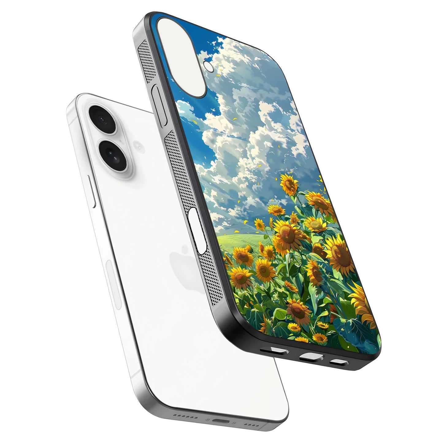 Golden Sun Glory Glass Case for iPhone 17 floating dual-view mockup showing gloss shine and premium surface