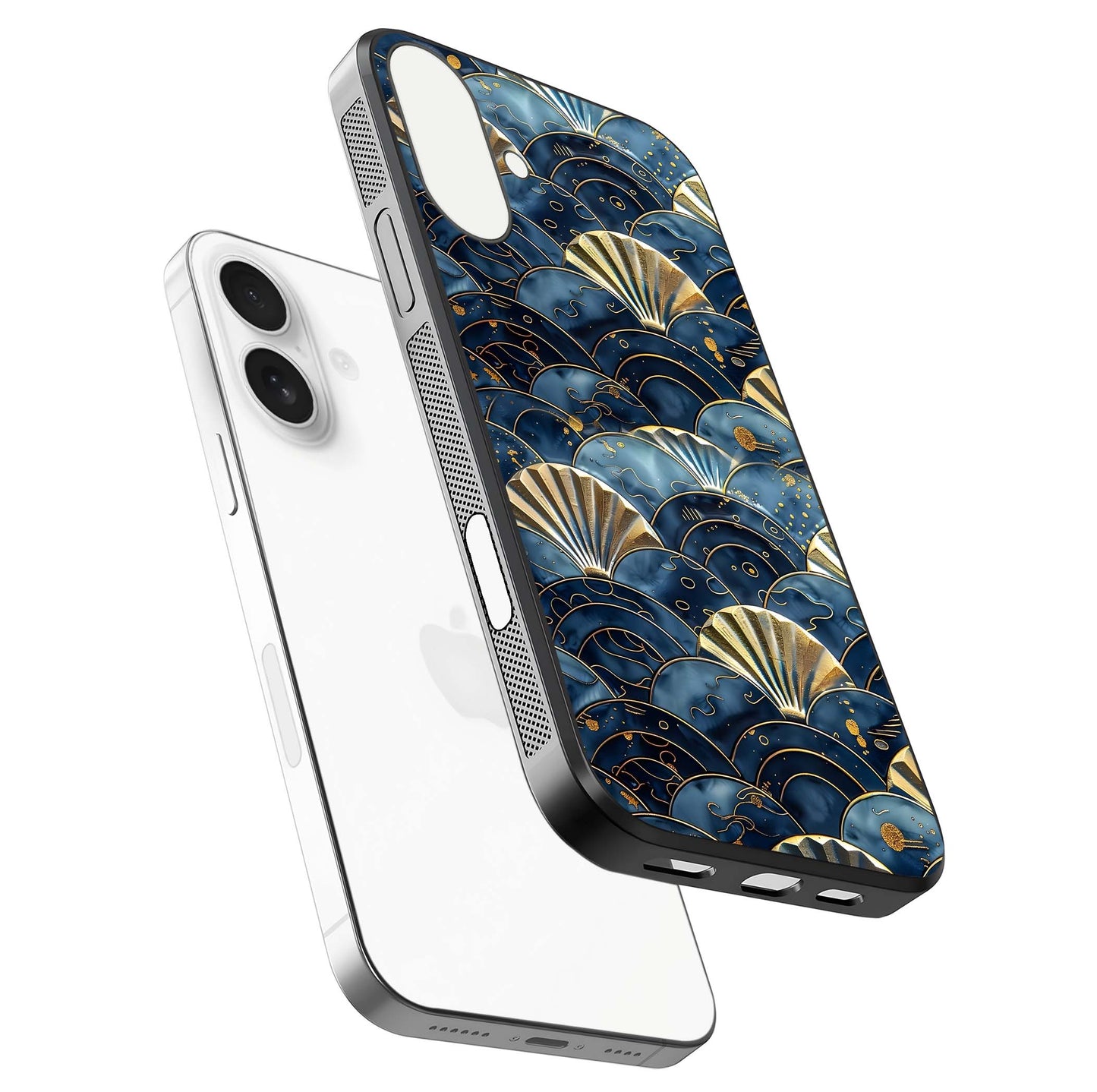 Golden Wave Luxe Glass Case for iPhone 17 floating dual-view mockup showing gloss surface and shimmering tones
