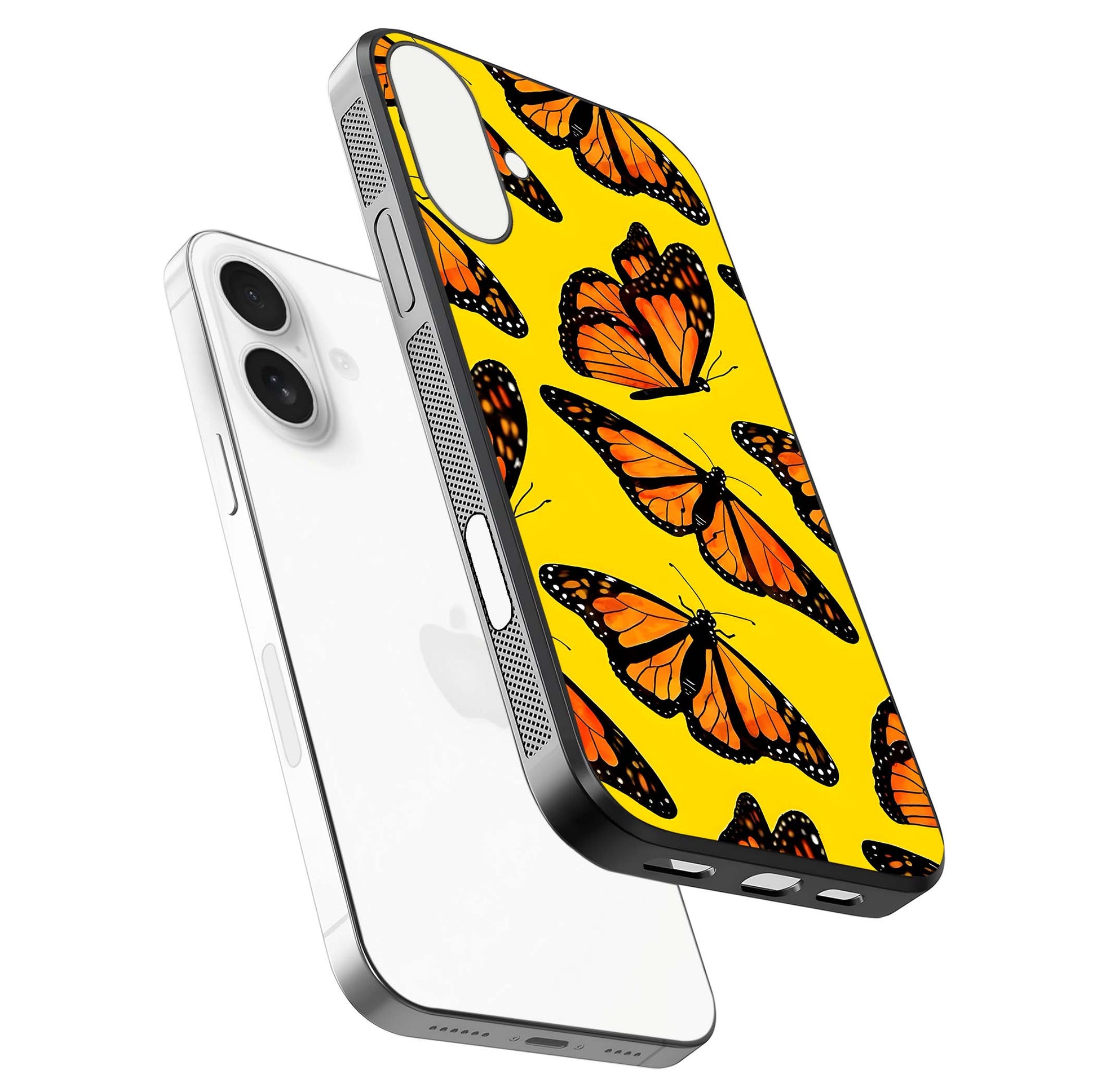 Golden Wing Flight Glass Case for iPhone 17 floating dual-view mockup showing gloss reflection and luxury tone
